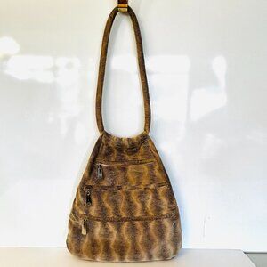 Vtg Liza Ganz Cheque Bag Black Brown Faux Snake skin Purse Rare 5 Deep Pockets